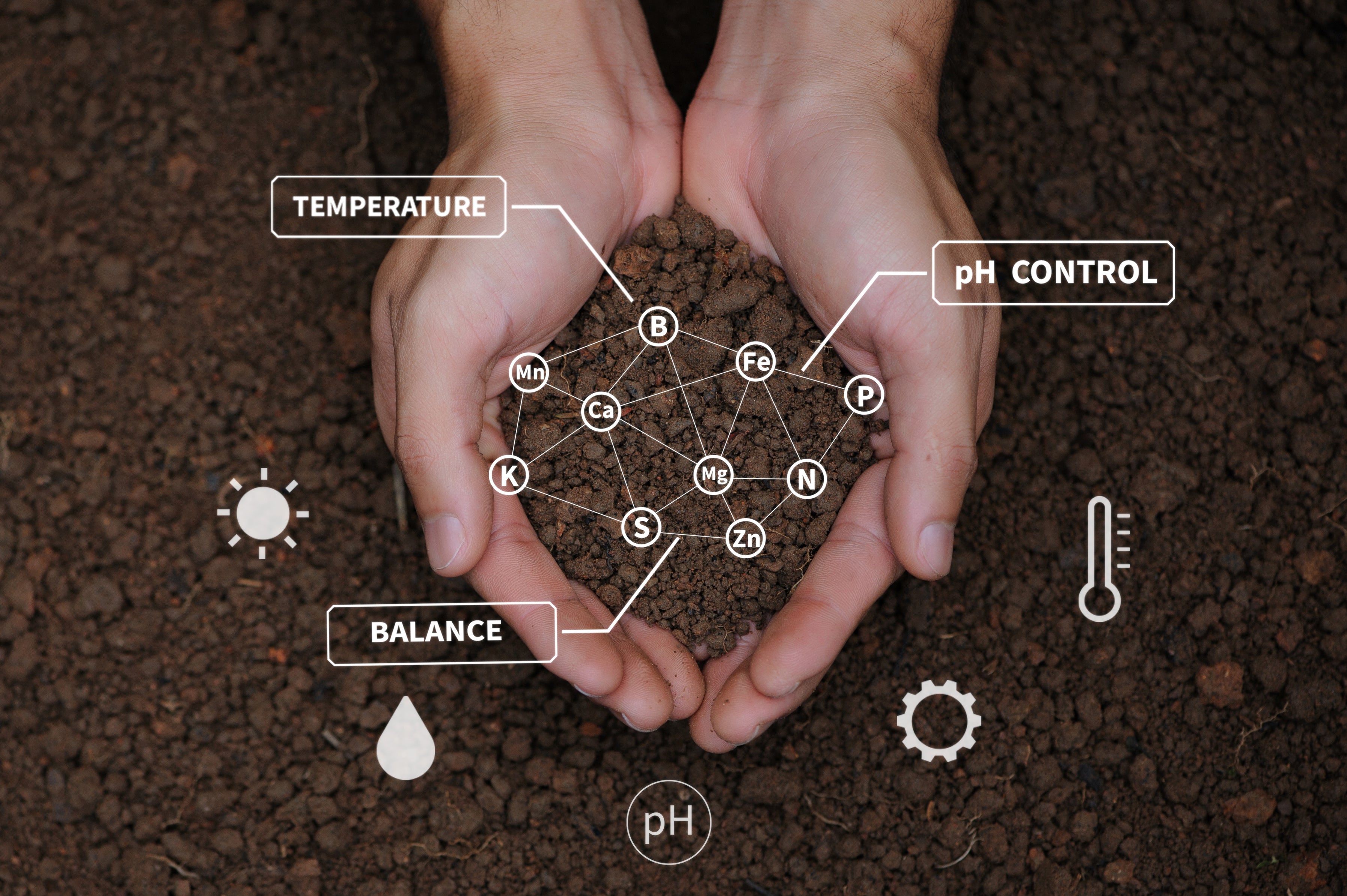 Hands holding nutrient-rich soil with labeled elements like pH control, temperature, and nutrients such as potassium, nitrogen, and calcium, symbolizing soil health and balance.