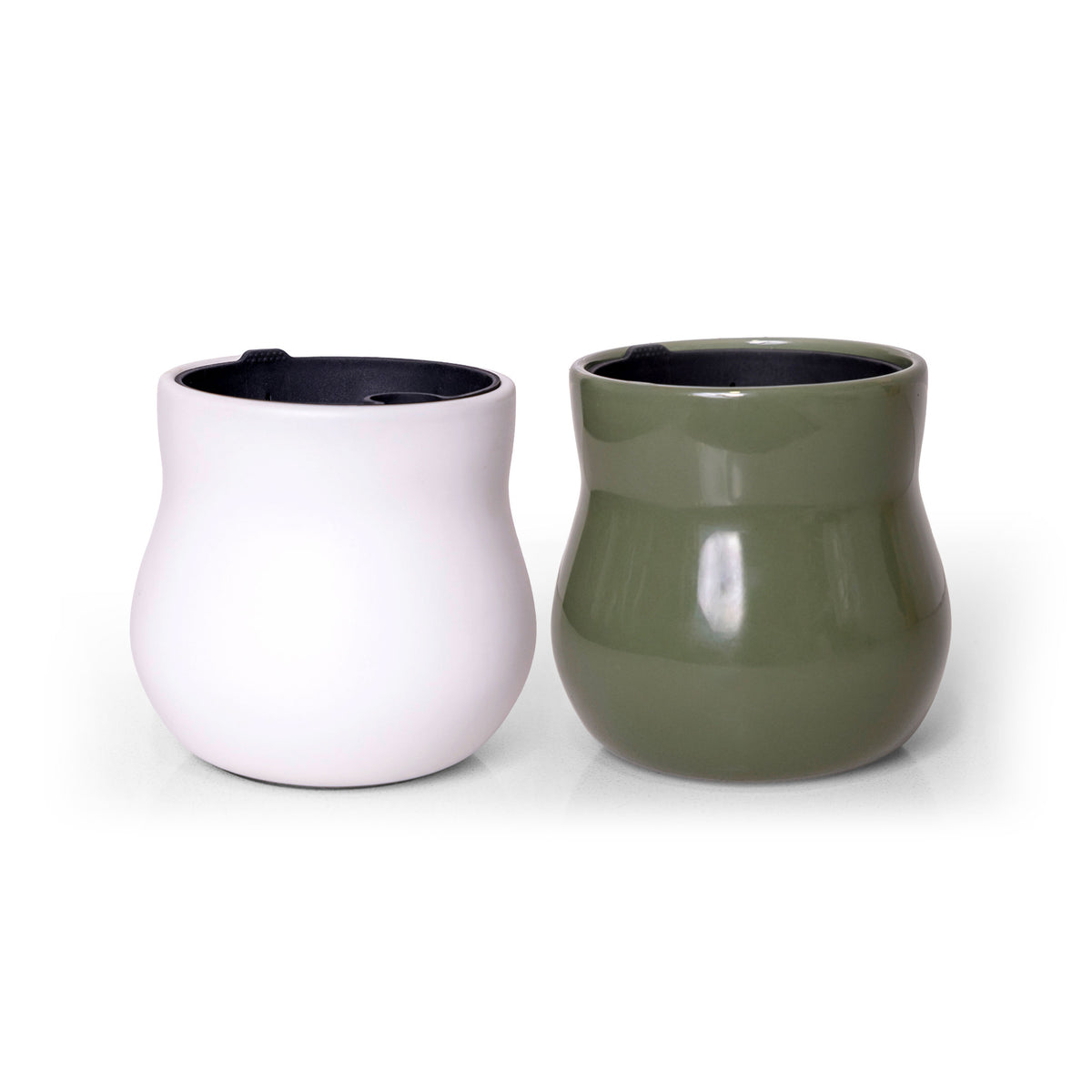 Two handmade ceramic plant pots, Alabaster White and Forest Green