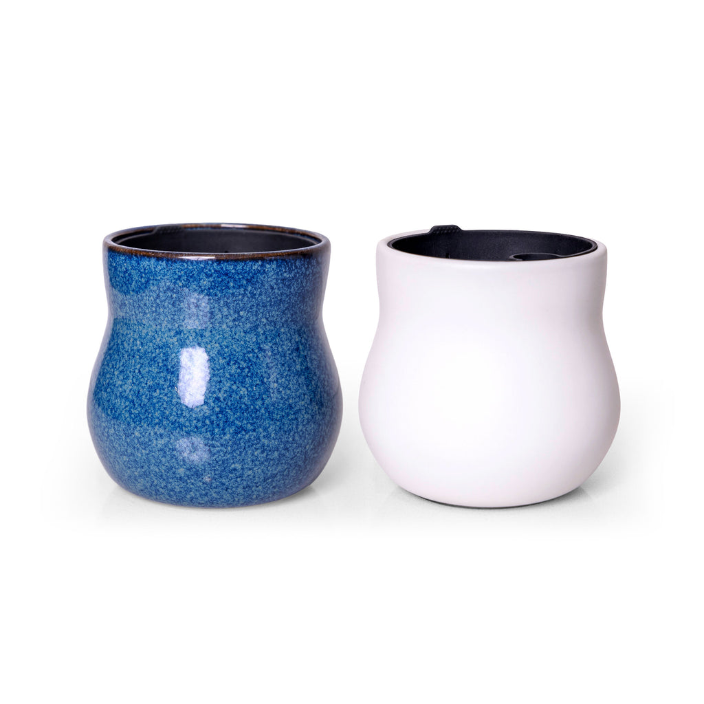 Two handmade ceramic plant pots, River Blue and Alabaster White