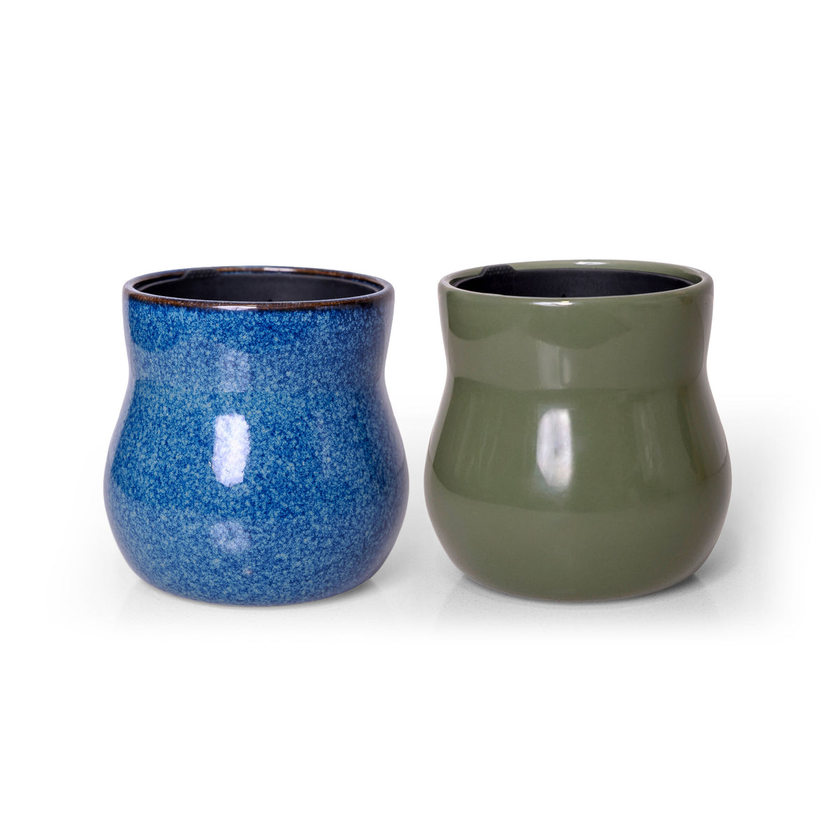 Two handmade ceramic plant pots, River Blue and Forest Green