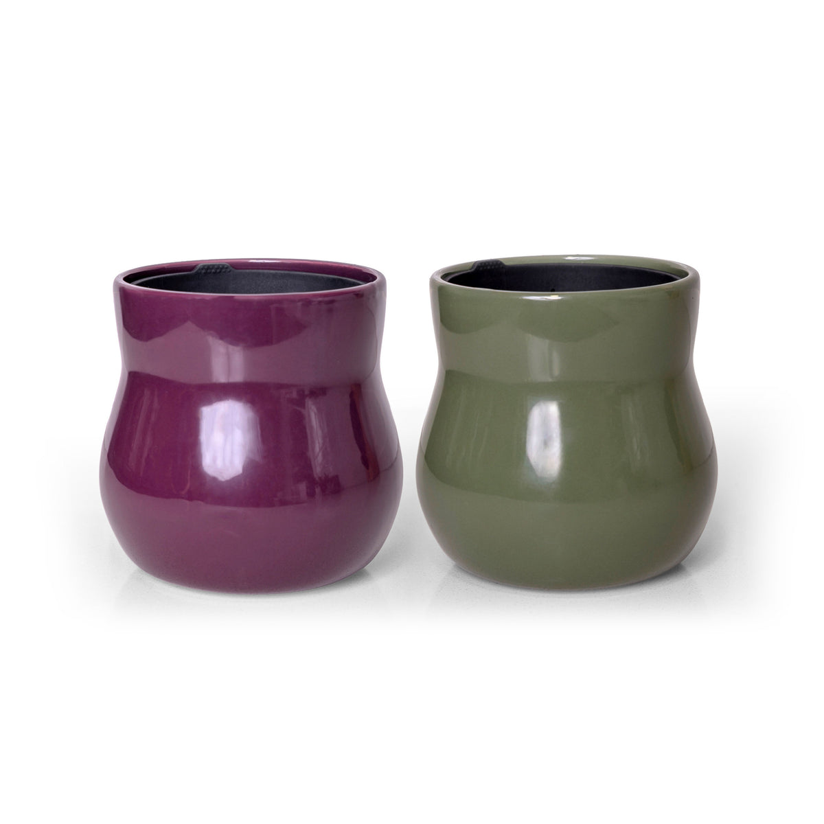 Two handmade ceramic plant pots, Violet Purple and Forest Green