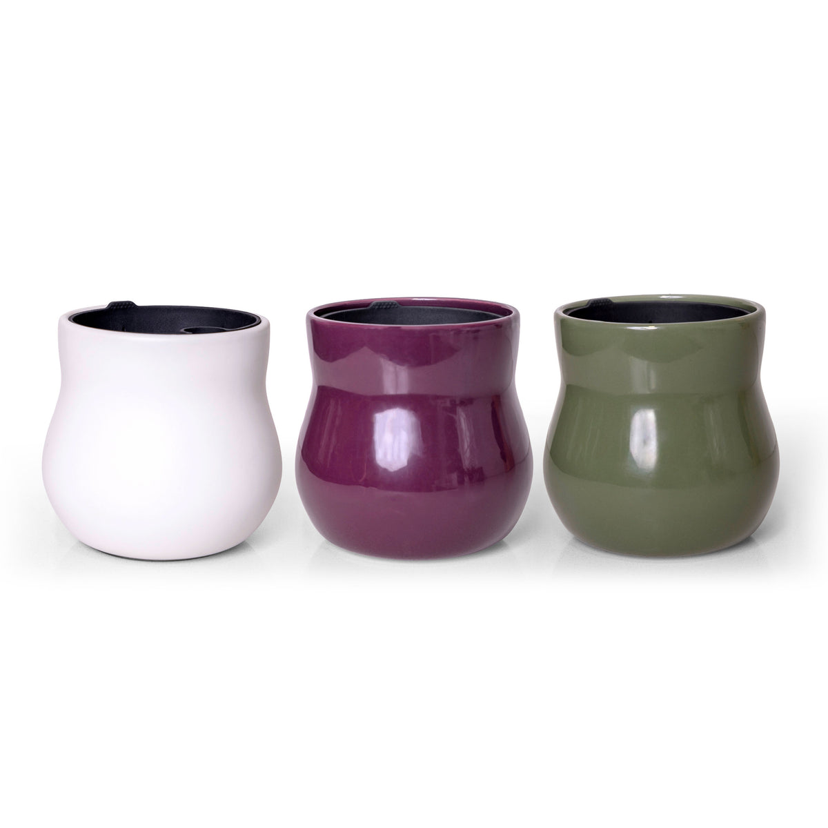 Three handmade ceramic plant pots, Alabaster White, Violet Purple and Forest Green