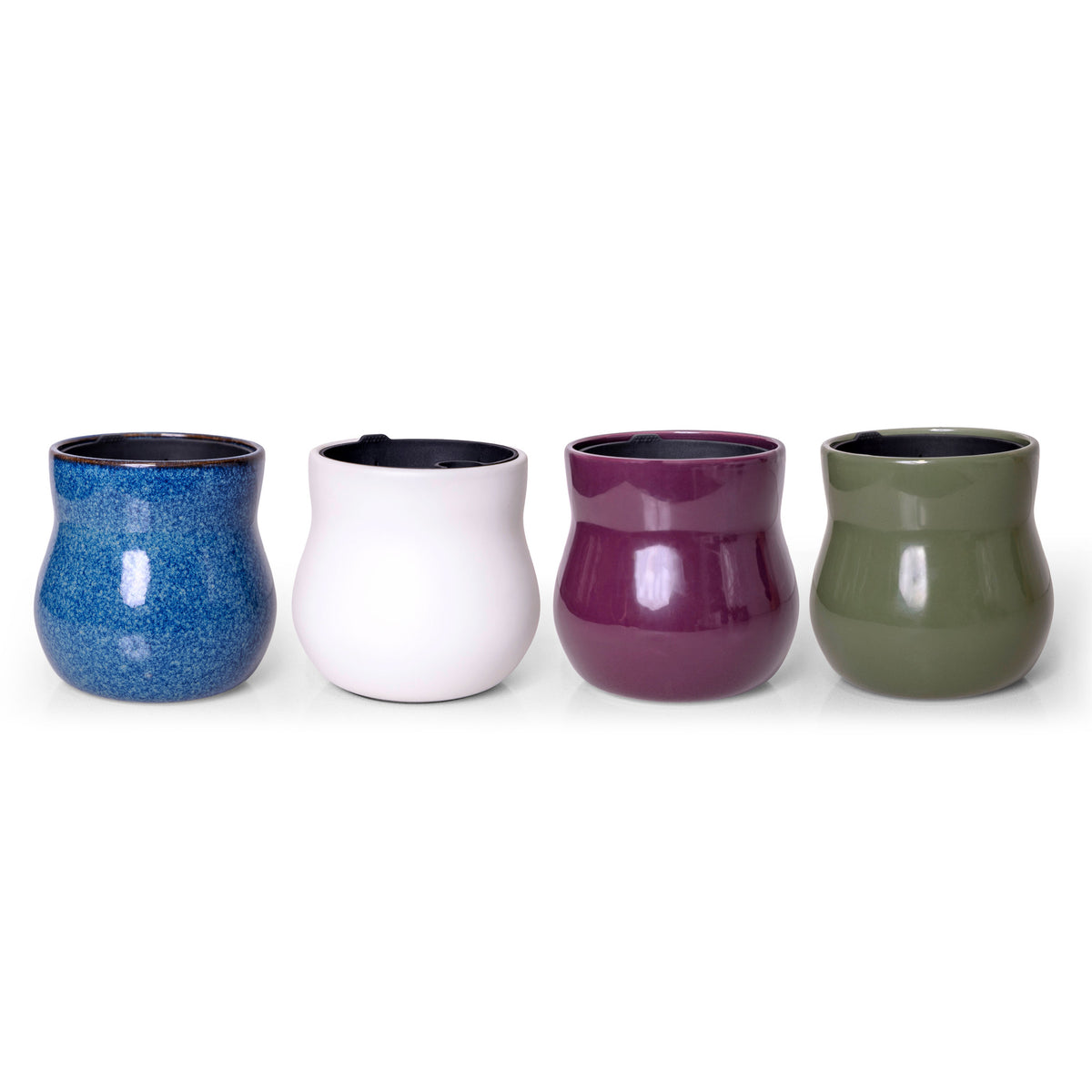 Four handmade ceramic plant pots in River Blue, Alabaster White, Violet Purple and Forest Green