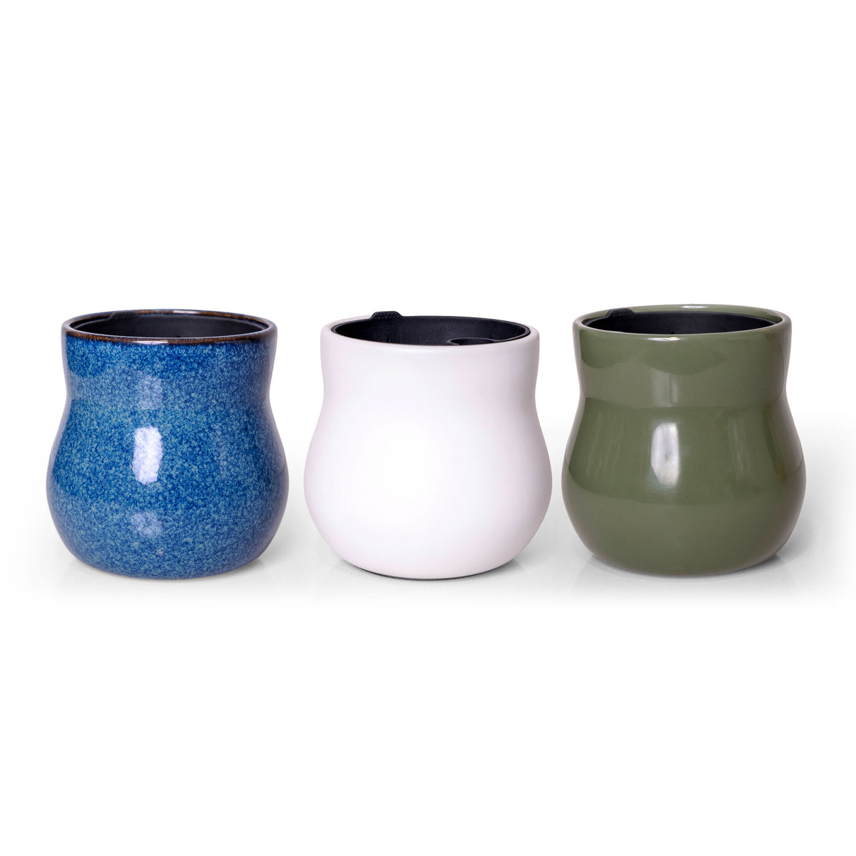 Three handmade ceramic plant pots, River Blue, Alabaster White and Forest Green
