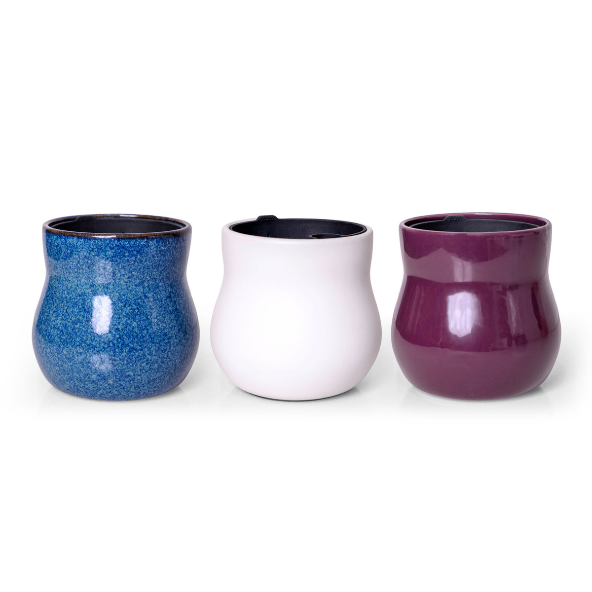 Three handmade ceramic plant pots, River Blue, Alabaster White and Violet Purple