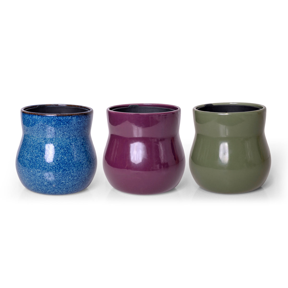 Three handmade ceramic plant pots, River Blue, Violet Purple and Forest Green